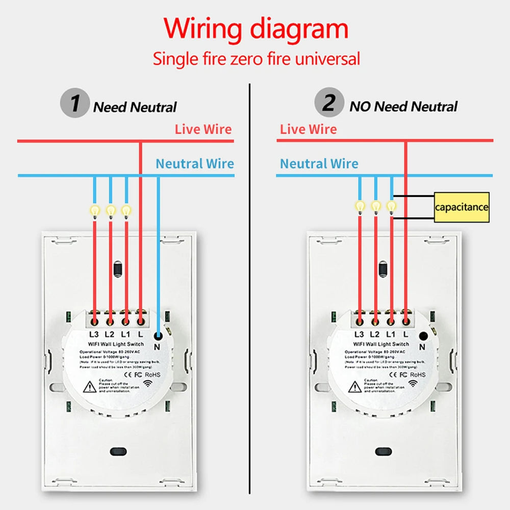 Interruptor de pared inteligente Tuya US WiFi RF433, 1/2/3 entradas, sin cable neutro, sensor táctil, interruptores de luz LED, hogar inteligente, Alexa y Google Home