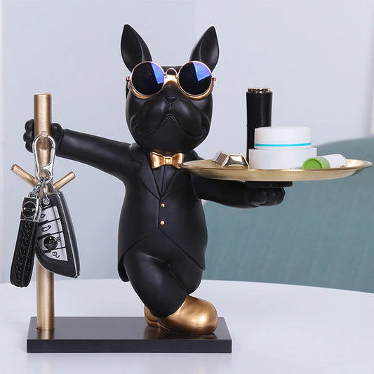 Escultura de bulldog, adorno de perro, caja de almacenamiento con bandeja