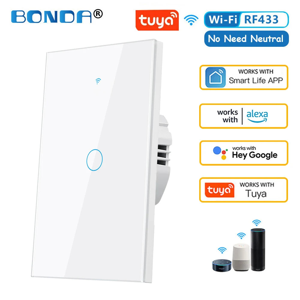 Interruptor de pared inteligente Tuya US WiFi RF433, 1/2/3 entradas, sin cable neutro, sensor táctil, interruptores de luz LED, hogar inteligente, Alexa y Google Home