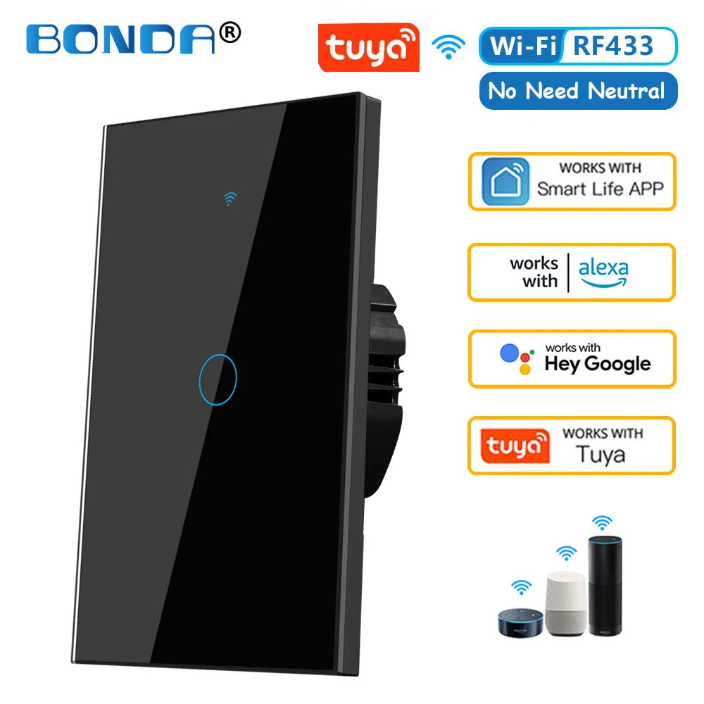 Interruptor de pared inteligente Tuya US WiFi RF433, 1/2/3 entradas, sin cable neutro, sensor táctil, interruptores de luz LED, hogar inteligente, Alexa y Google Home