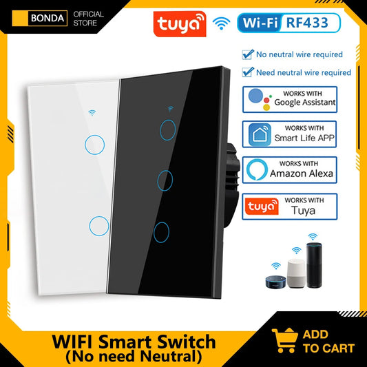 Interruptor de pared inteligente Tuya US WiFi RF433, 1/2/3 entradas, sin cable neutro, sensor táctil, interruptores de luz LED, hogar inteligente, Alexa y Google Home