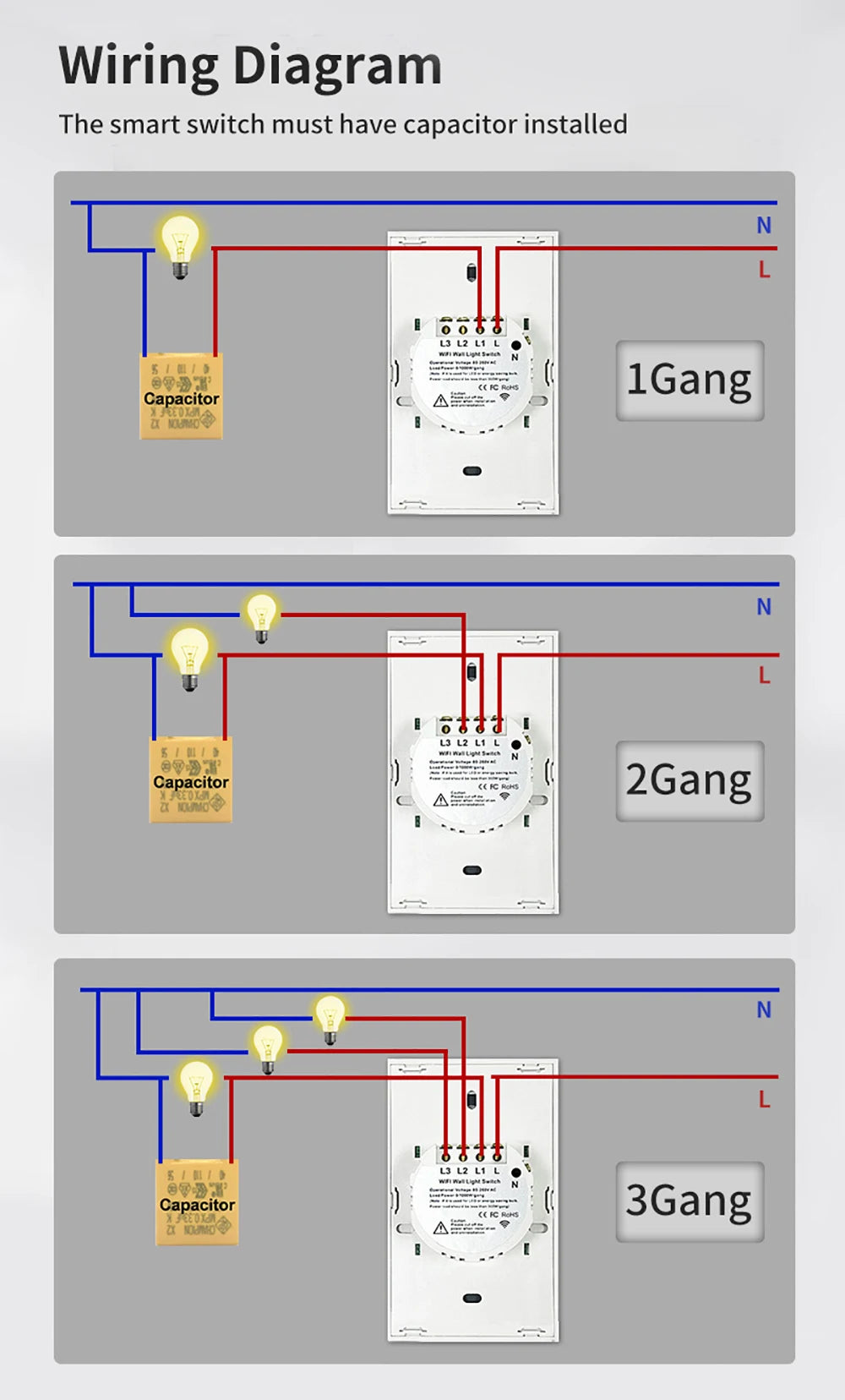 Interruptor de pared inteligente Tuya US WiFi RF433, 1/2/3 entradas, sin cable neutro, sensor táctil, interruptores de luz LED, hogar inteligente, Alexa y Google Home