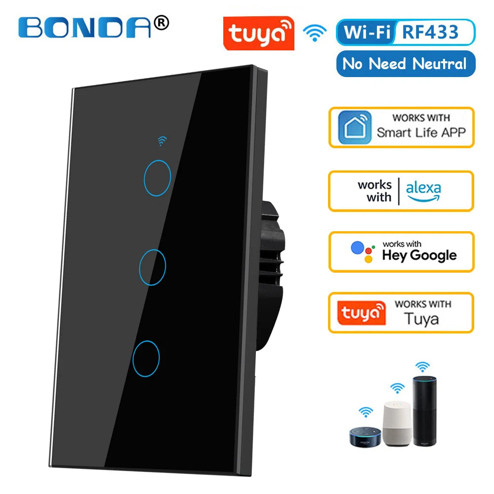 Interruptor de pared inteligente Tuya US WiFi RF433, 1/2/3 entradas, sin cable neutro, sensor táctil, interruptores de luz LED, hogar inteligente, Alexa y Google Home