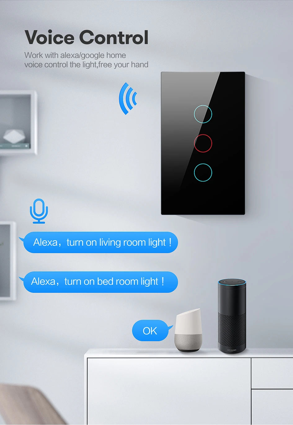 Interruptor de pared inteligente Tuya US WiFi RF433, 1/2/3 entradas, sin cable neutro, sensor táctil, interruptores de luz LED, hogar inteligente, Alexa y Google Home