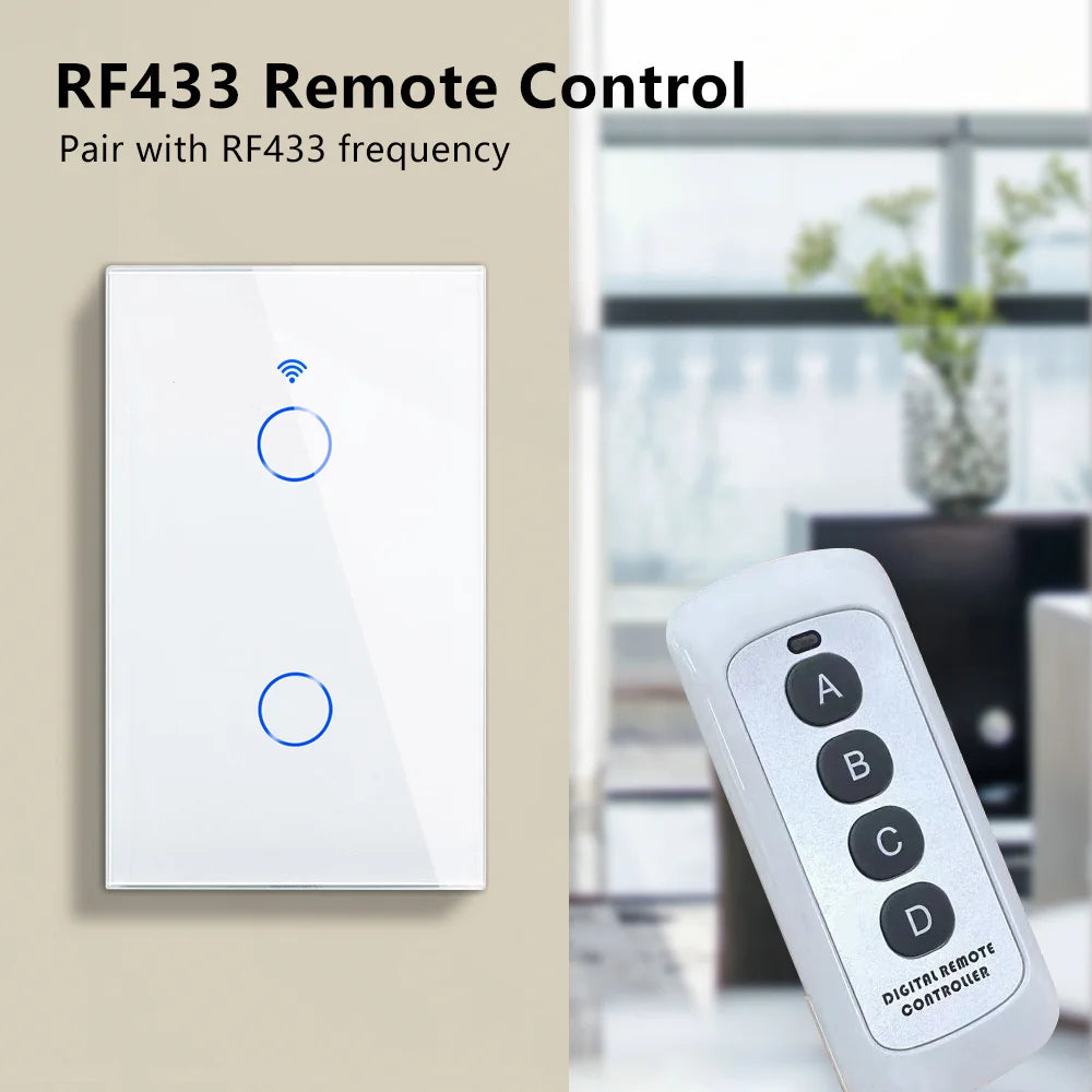 Interruptor de pared inteligente Tuya US WiFi RF433, 1/2/3 entradas, sin cable neutro, sensor táctil, interruptores de luz LED, hogar inteligente, Alexa y Google Home