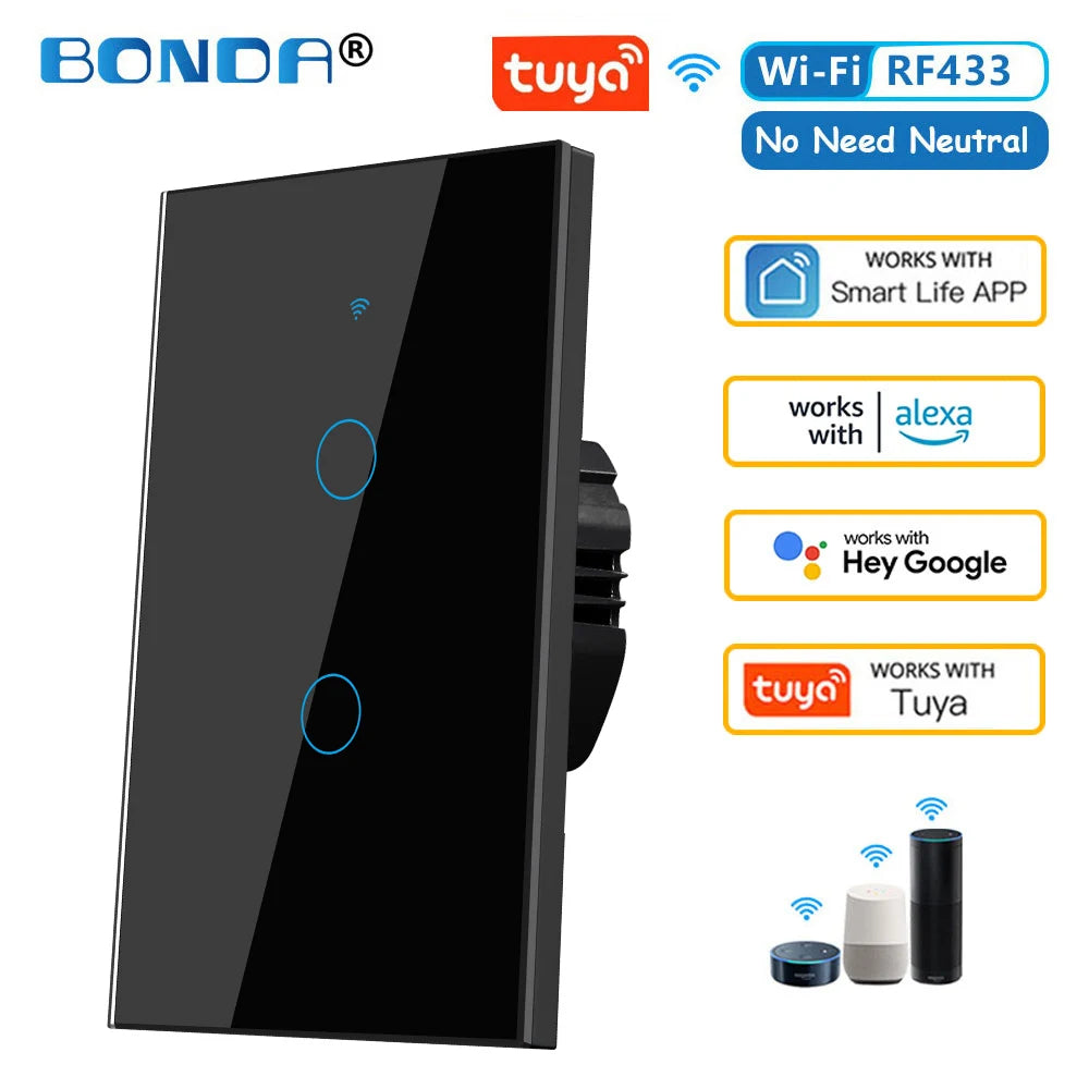 Interruptor de pared inteligente Tuya US WiFi RF433, 1/2/3 entradas, sin cable neutro, sensor táctil, interruptores de luz LED, hogar inteligente, Alexa y Google Home